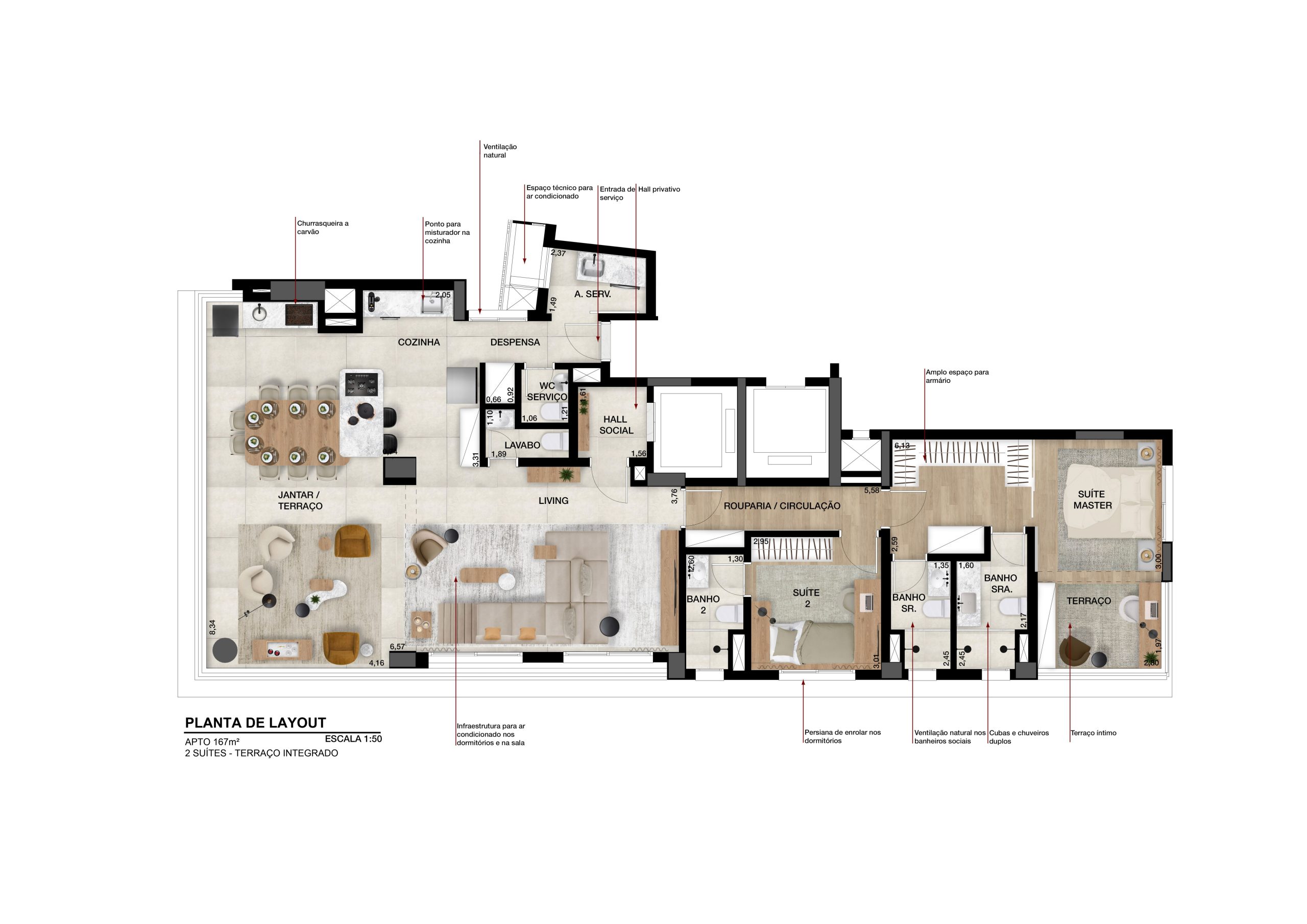 Planta de 167m² - 2 Suítes - Cozinha e Living Ampliado (Terraço Integrado)